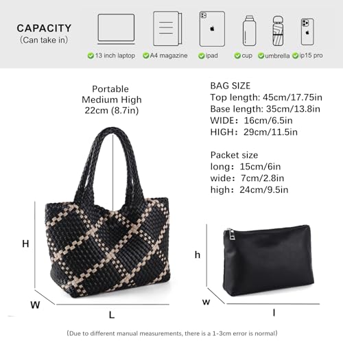 Woven Tote Bag Womens Purse Vegan Leather Shoulder Handbags Fashion Summer Beach Tote Bags Large Travel Totes - color: Black-a