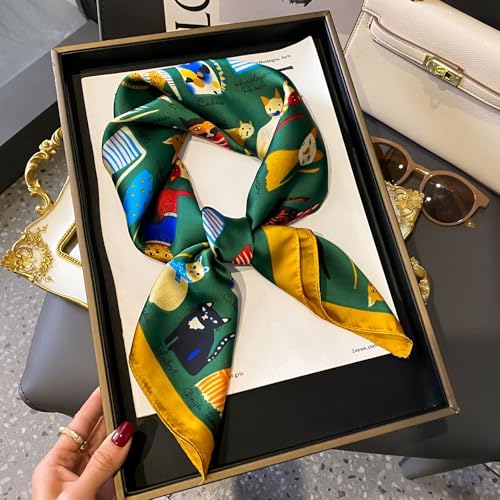 CHUNG Women's Scarf Hair Bandanas Square 27.5" Satin Wrap Fashion Pattern Scarves Emulation Silk Handbag Ribbons Necktie - color: Dark Green Cats