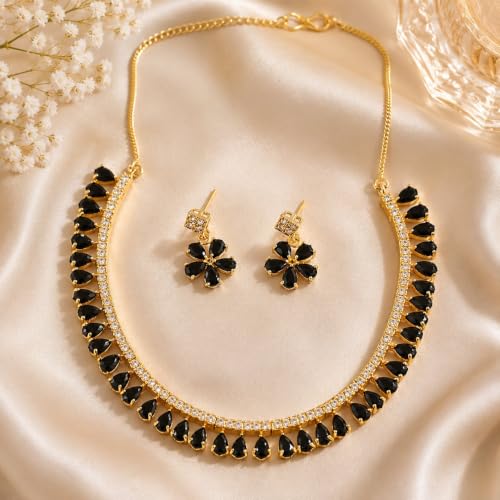 JewarHaat Indian Bollywood Necklace Set AD CZ Elegant Gold Plated Multi Stones Sparkling Crystals Choker with Earrings Fashion Jewellery for Women & Girls - color: Black
