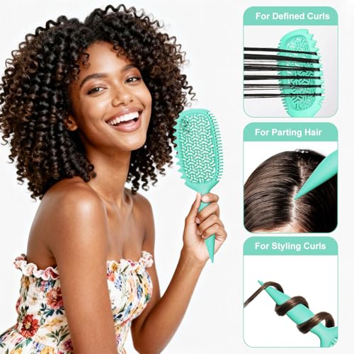 Curl Defining Brush for Thick Coily Hair, Firm-Bristle TPEE Detangling Brush for Coarse 4A–4C Curls, Dual-Sided Wide & Narrow Tooth Brush for Wet & Dry Curl Shaping– Women & Men (Aqua Mint) - color: Aqua Mint