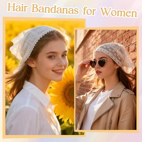 JATEBI 4PCS Women's Floral Lace Mesh Triangle Head Scarves Adjustable Boho Bandanas - color: White