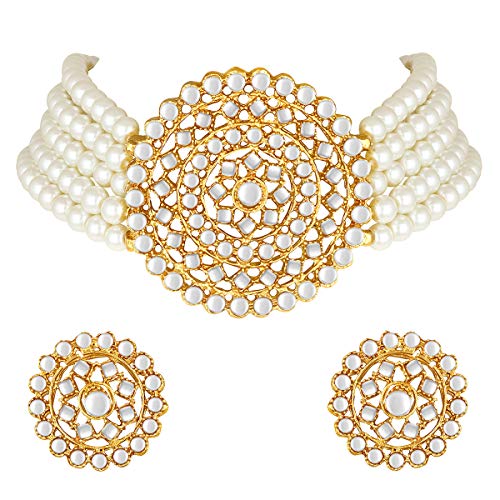 Aheli Pearl Diamond Choker Necklace & Round Earrings Gift for Women Indian Traditional Bollywood Fashion Bharatanatyam jewellery set - color: White 2