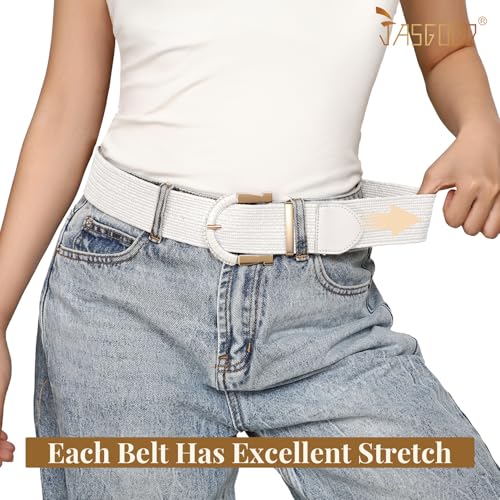 JASGOOD Straw Woven Belt for Women Dresses Boho Elastic Braided Belt Rattan Raffia Belts Ladies Wide Belt,1.97" Width - color: F-white, size: Fit waist size 25"-30"