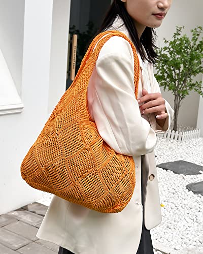 Crochet Mesh Beach Tote Shoulder Handbags Hobo Summer Aesthetic Women's Bag - color: Orange