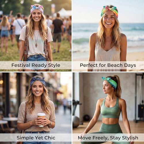WILLBOND 13 Pieces Bandana Headband for Women Paisley Hair Bandanas Boho Bow Headbands Elastic Knot Rabbit Ear Head Wrap Cute Hair Accessories for Women 7.87x2.75 Inch (Gradient Color) - color: Gradient Color
