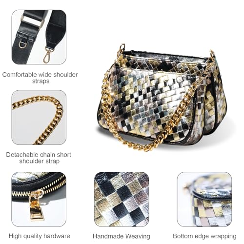 Handmade Woven Small Crossbody Bag for Women with Coin Purse, Designer Shoulder Handbag 3pcs Set, Mini Tote Clutch - color: Black Multicolor