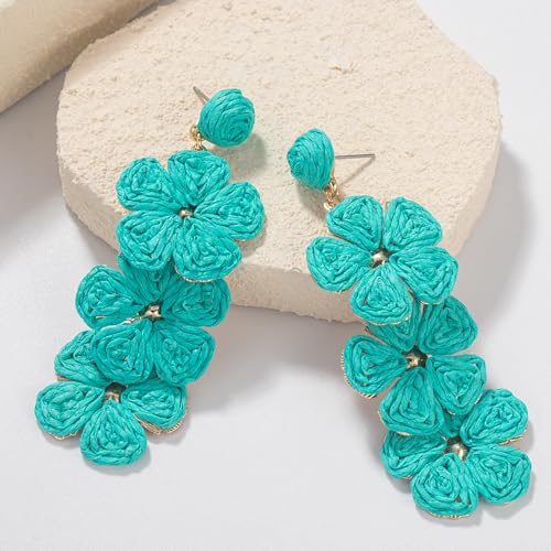 Boho Flower Earrings Statement Raffia Dangle Earrings Cute Floral Jewelry Trendy Summer Beach Vacation Outfits for Women - color: Teal-2