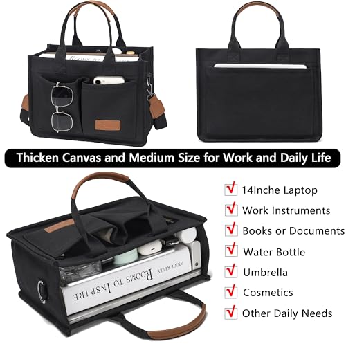 ZHMO Canvas Tote Bag for Women,Women's Bags Crossbody Bags Work Laptop Tote Bag Large Handbags Purse for Travel Nurse Teacher - color: Canvs Demure Black With Compartments