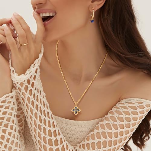 Fettero Dainty Gold Necklace for Women - Double Sided Pendant Necklace 14K Gold Plated Charm Clover Necklace Jewelry for Valentine's Day - color: Lapis Blue