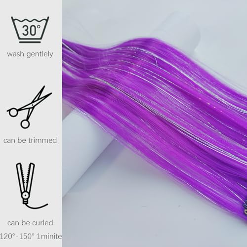 12pcs Clip in Purple Hair Extensions, 22 Inch Rainbow Hair with Silver Tinsels, Colorful Holiday Party Highlights for Women - color: Purple