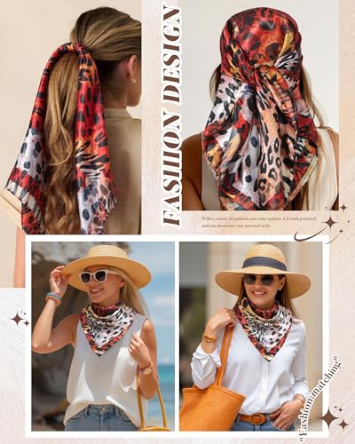AWAYTR 35” Square Satin Head Scarf Hair Scarf for Women's Hair Silk Bandana for Women Silk Head Wrap for Sleeping - color: Leopard (Reddish Brown)