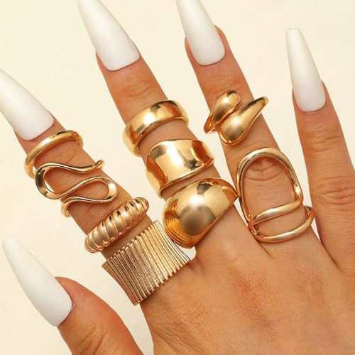 9-11PCS Gold Stackable Rings Set for Women - Gold Plated Adjustable Chunky Statement Rings for Daily Wear, Layering, Parties - style: 9PCS Gold