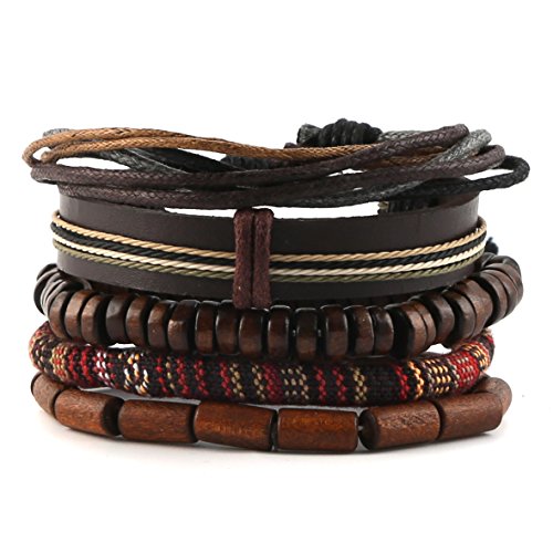 HZMAN Wrap Bracelets Men Women, Hemp Cords Wood Beads Ethnic Tribal Bracelets, Leather Wristbands - style: Classic Style