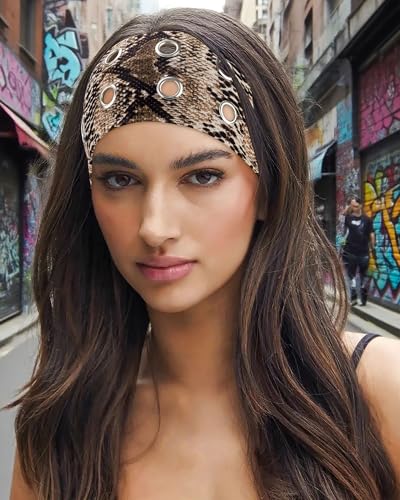 AWAYTR Women Hollow Out Eyelet Elastic Headband Y2K Wide Grommet Hairband Punk Grunge Wide Band for Girls (Snakeskin pattern/Brown Leopard/Black, One size) - color: Snakeskin pattern/Brown Leopard/Black