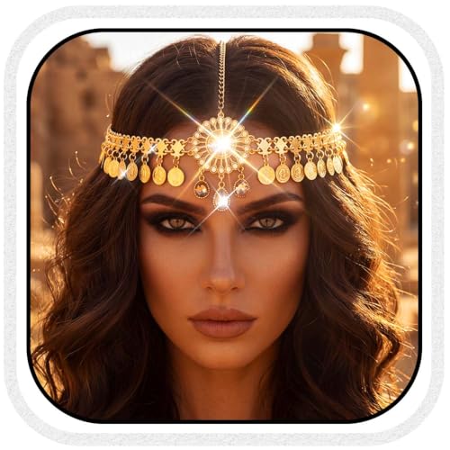 Catery Gold Coins Head Chain Gypsy Headpiece for Women Cotusme(Small Coin) | Rhinestone Egyptian Head Piece Accessories Belly Dance Hair jewelry Headband for Cleopatra Costume Hallween Party Sparkly - color: Small Coin