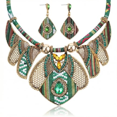 African Tribal Jewelry Set for Women - 2pcs Chunky Colorful Boho Vintage Statement Necklace Earrings Bib Choker Festival Costume Ethnic Accessories - style: Green Style