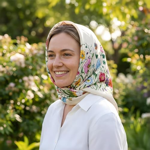 Premium Floral Scarf for Women 35x35 Square Silk Feel-Lightweight Scarves Headscarf Bandanas Wrapping Handbag - color: Tropical Floral Apricot