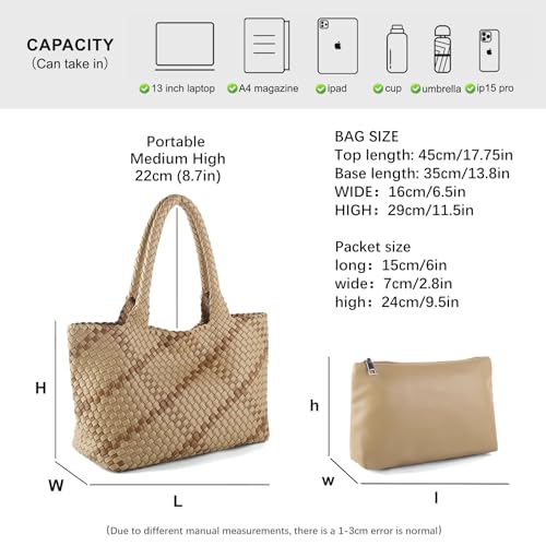 Woven Tote Bag Womens Purse Vegan Leather Shoulder Handbags Fashion Summer Beach Tote Bags Large Travel Totes - color: Apricot-b