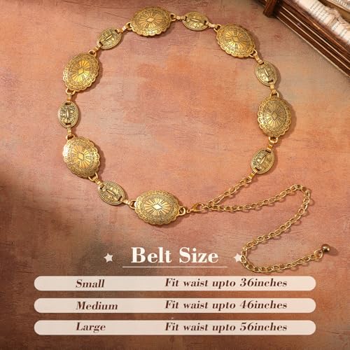 XZQTIVE Women Boho Chain Belts For Dresses Jeans Western Cowgirl Waist Links Belt Adjustable Metal Concho Belt - size: Fit Waist upto 36inches, style: Matter Gold