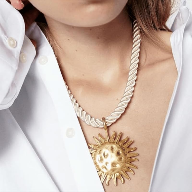 Exquisite Gold Sun Pendant Beige Rope Necklace - Retro Round Coin Necklace - Ladies