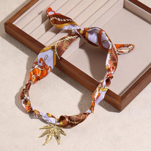 Scarf Long Fabric Colorful Silk Scarves Multi Pendant Necklace For Women Statement Boho Choker Twisted Ribbon Band Pearl Accent Heart Maple Leaf Bee Daisy Dragonfly Star Green Gem Charms - color: Orange Maple leaf