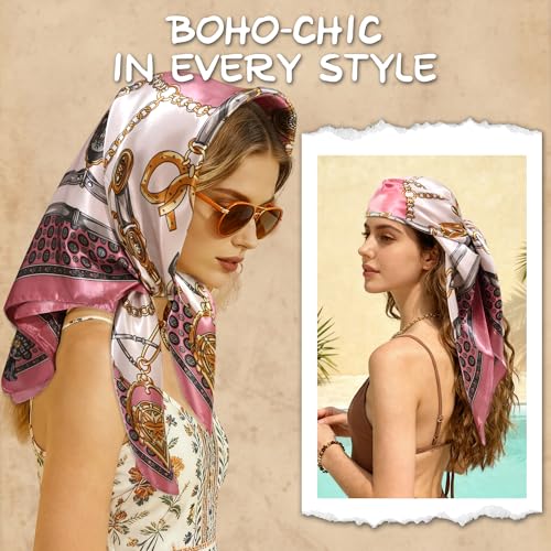 Large Square Head Scarf Bandana - 35" Satin Hair Scarf for Women Like Silk Scarf Fashion Hair Wrapping - color: Equestrian Chain(pink), size: 35IN*35IN