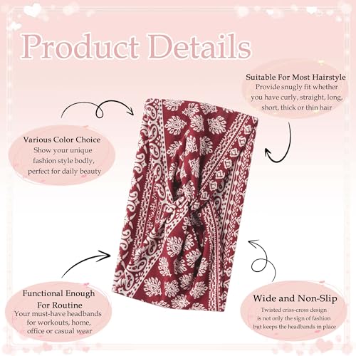 Boho Bandana Headband For Women Floral Wide Headbands Paisley Criss Cross Turban Head Wraps Non Slip Hair Scarf Head Bands Striped Cute Hairband Fashion Hair Accessories For Girls Teens 4 Pack - color: Style 139