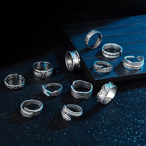 RIOSO 12Pcs Vintage Rings for Men Cool Adjustable Angel Wings Ring Goth Punk Open Ring Set