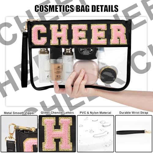 BuyCard Cheer Chenille Letter Bags Clear Makeup Bag, Cheerleader Gifts Cosmetic Bag, Varsity Preppy Patch Flat Pouch Cheer Accessories, Waterproof PVC Organizer Toiletry Bag for Women Girls Black - color: Black-Cheer