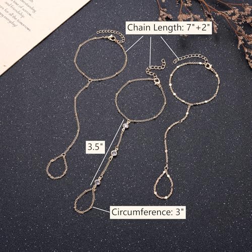 3 Pack Gold Hand Chain Bracelet Set for Women – Dainty Layered Finger Ring Bracelets, Boho Wrist Accessory for Wedding Prom Beach Party, Elegant Hand Jewelry Gift for Bridesmaids Daughter