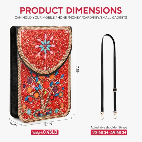 Small Beaded Crossbody Bag for Women, Boho Cell Phone Shoulder Purse Wallet with Handcrafted Colorful Beads - color: Tree-red