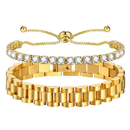 MPRAINBOW 2pcs 18K Gold Plated Chain Link Bracelet, Stainless Steel Crystal Friendship Bracelets Bangle,Watch Band Chains Wristband Jewelry with Adjust Tool - color: Gold Set - F