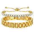 MPRAINBOW 2pcs 18K Gold Plated Chain Link Bracelet, Stainless Steel Crystal Friendship Bracelets Bangle,Watch Band Chains Wristband Jewelry with Adjust Tool - color: Gold Set - F