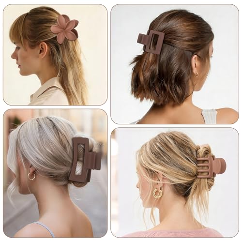 8 Pcs Neutral Matte Hair Claw Clips Set, Strong Hold Non-Slip Jaw Clips for Women Girls, Rectangle & Flower Design Hair Clips for Thick/Thin Hair, Daily & Styling Accessories（Coffee Red） - color: Coffee Red