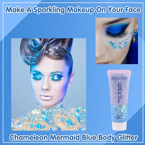 MEICOLY Chameleon Mermaid Blue Body Glitter,Chunky Face Glitter for Halloween,Color Changing Mermaid Glitter Face Paint,Glitter Sequins for Face Body Hair,Festival Party Cheer Glitter Makeup - color: chameleon mermaid blue body glitter