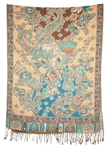 Achillea Elegant Paisley Floral Pashmina Shawl and Wrap – Boho Rave Scarf for Festival, Travel & Everyday Wear - color: Teal Dark Amber