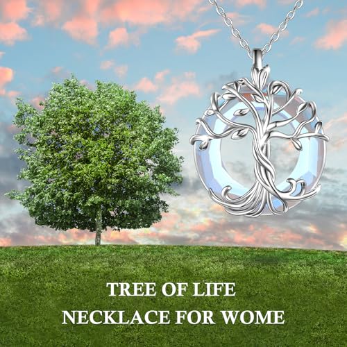 TOUPOP Tree of Life Necklace Gifts for Women 925 Sterling Silver Family Tree Pendant with Crystal Birthday Irish Jewelry Gifts for Women Her Wife Mom - color: 04-White Gold-Moonstone