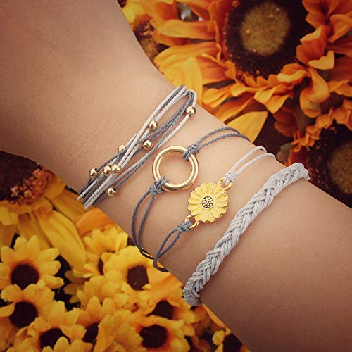FANCY SHINY Easter Gifts Basket Stuffers Sunflower String Bracelet Boho Braided Rope Wrap Bracelets Cute Summer Beach Surfer Jewelry for Women - color: Grey
