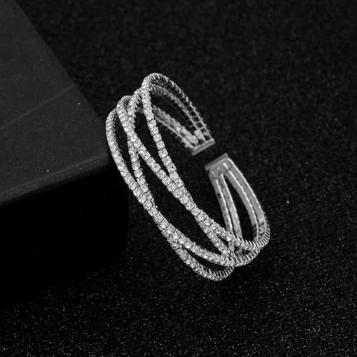 Women's Multi-Layer Rhinestone Cuff Bracelet Sparkling Crystal Tennis Bangle for Bridal Wedding Party - color: 1221 Silver