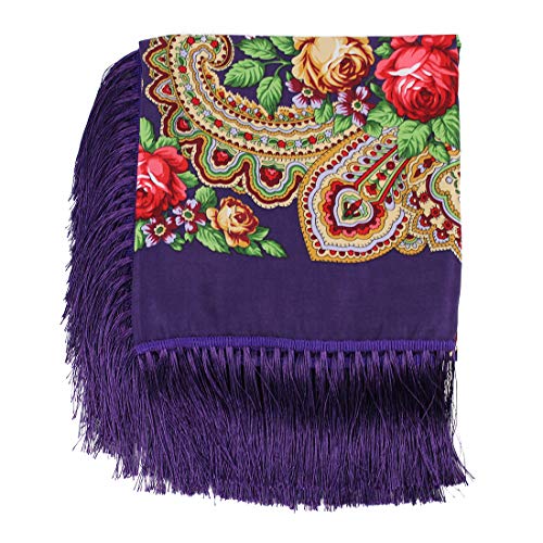 Gudessly Women's Traditional Scarf Wrap Tassel Fringes Neck Head Shawl Retro Scarf Floral Poncho Printing Square Cape 50inch - color: Dark Violet