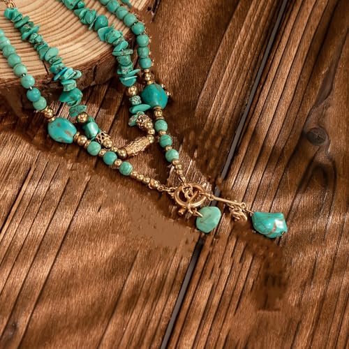 Gold Turquoise Beaded Necklace for Women Layered Bead Necklaces Vintage Turquoises Choker Necklace Boho Turquoises Jewelry Western Handmade Toggle Jewelry - color: 2PCS Turquoise Necklace