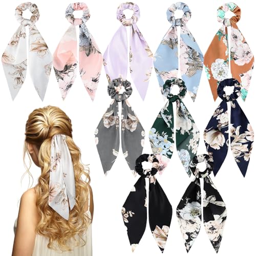 Chuangdi 10 Pcs Hair Scrunchies Hair Scarf with Ribbon Bunny Ears Chiffon Floral Bow Ponytail Holder Boho Elastic Floral Ropes 2 in 1 Vintage Accessories for Women(Bright Flower) - style: Bright Flower