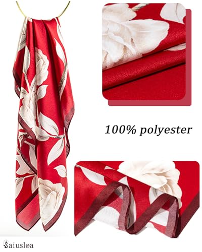 Saiusloa Neck Scarf For Womens Silky Head Scarves Hair Bandanas Square Scarf Fashion Accessories lightweight - color: 1-red Flowers