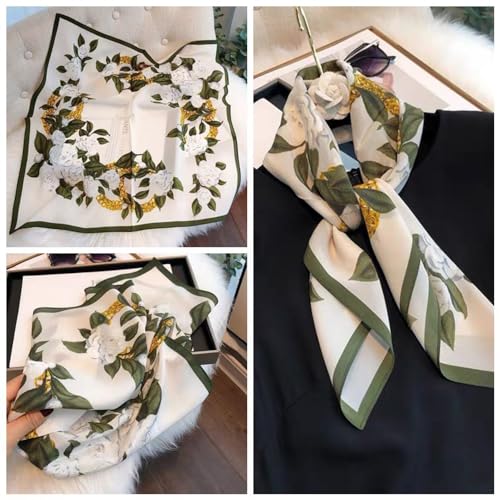 Julunar Silk Like Head Scarf for Women - Satin Large Hair Scarves - 35" Square Silk Hair Wrap for Sleeping with Gift Packed - color: A013-1 Flower White