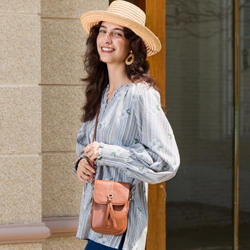 befen Genuine Leather Small Crossbody Bags for Women, Multi Pocket Cell Phone Crossbody Purse with RFID Blocking Card Slots - color: Cognac Brown