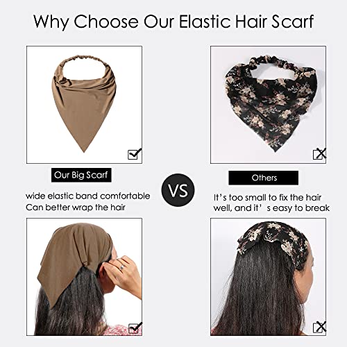 Vercret 6 Pack Hair Scarf Headband for Women Elastic Bandana Head Scarf Large Boho Triangle Kerchief with Clips Non Slip Scarves - color: I Dark Colors