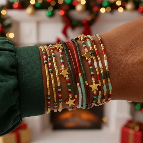 Dainty Gold Beaded Star Bracelets Stack for Women,Handmade Boho Colorful Beads Bracelet Fashion Prom Holiday Jewelry Gift Friendship Family - color: Christmas-3