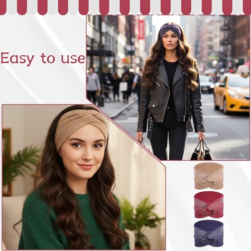 Sliverdew Rhinestone Headbands for Women, 3 Pcs Sparkly Crystal Wide Headbands Bling Fancy Sparkle Head Scarf Turban Stretchy Hair Bands Elastic African Head Wraps for Black Women - color: Burgundy & Khaki & Navy
