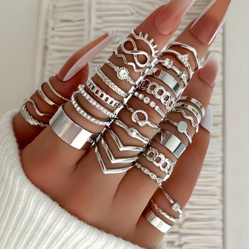 GYRMMUE Gold Rings Set Stackable Cubic Zirconia Knuckle Rings Irregular Geometric Ring Sparkle Star Moon Butterfly Rhinestone Rings Set Vintage Boho Joint Finger Midi Ring for Women - color: Silver