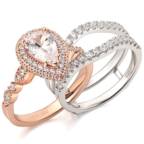 Newshe Jewellery Wedding Rings for Women Bridal Sets Sterling Silver Engagement Ring Enhancer Pear Cubic Zirconia Anniversary Promise Band Size - color: Cubic Zirconia-18k Rose Gold Plated